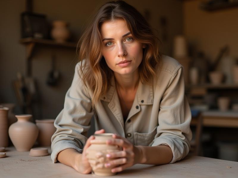 Die Keramikkünstlerin in ihrem Atelier, umgeben von Töpferwerkzeugen und unfertigen Stücken.