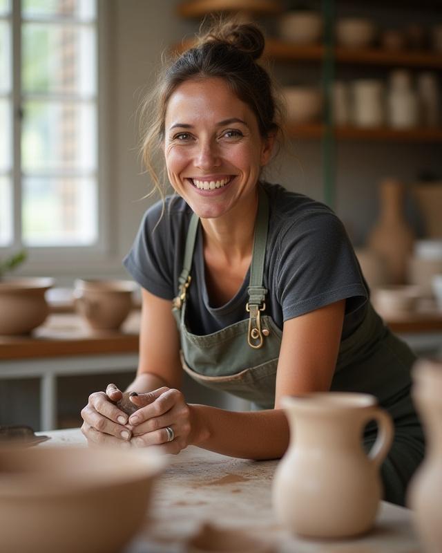 Porträt der Gründerin von Einfach Ton, einer lächelnden Frau bei der Arbeit an einem Töpferrad.